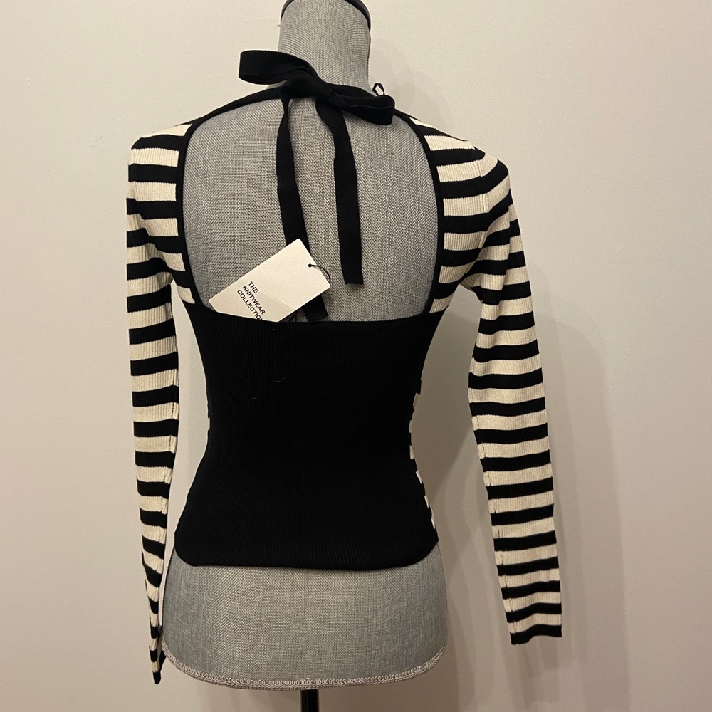 Zara Striped Ribbed Tie Back Knit Top